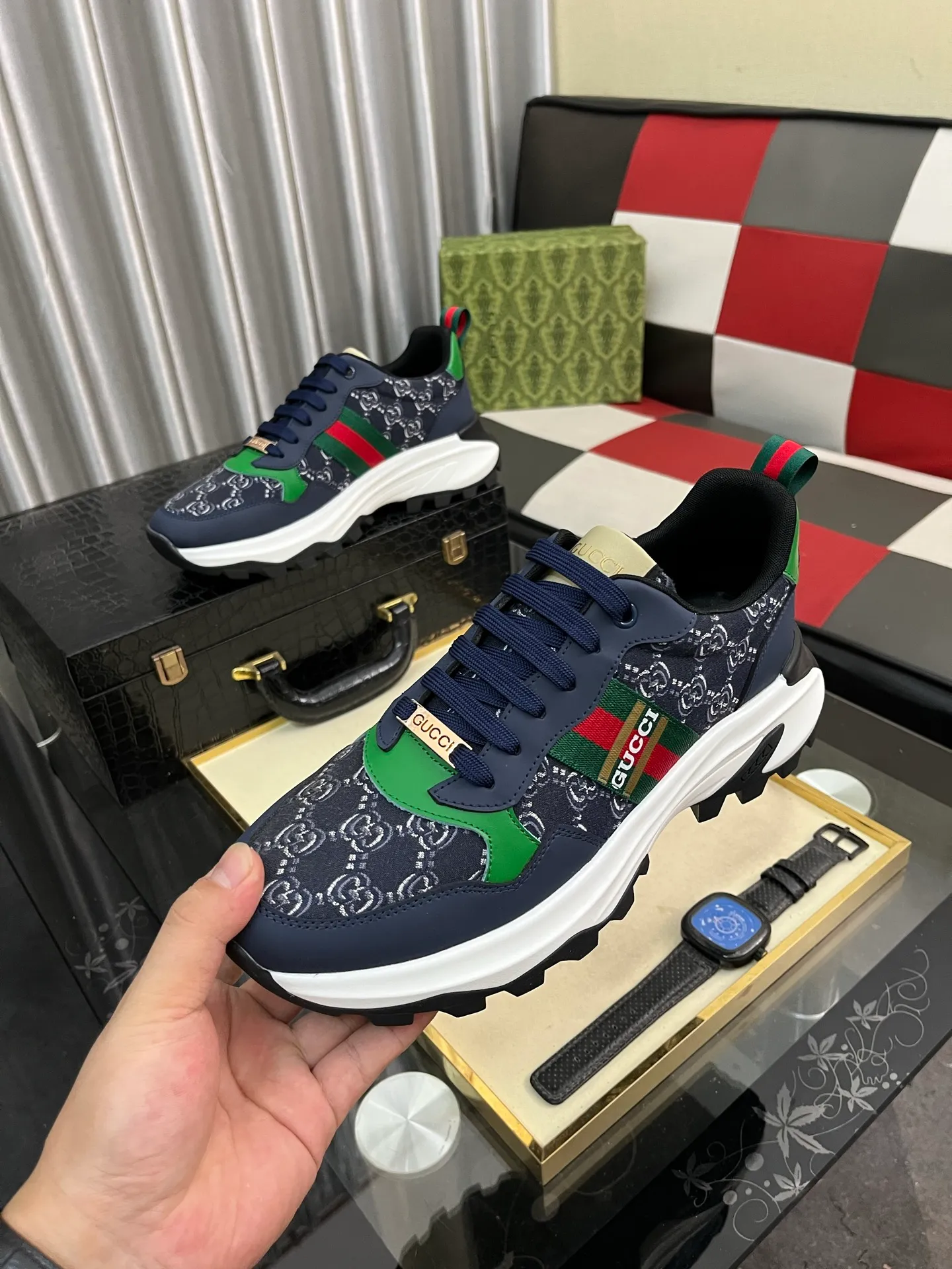 Men's shoes 💰458⌚️⌚️ Gucci •Gucci original quality. ~ Unique modern style sneakers. 🏃A must-have casual shoe for trendy men😍😍 Original brand imported from Italy, imported original leather, sheep lining (refuses to discolor and grind feet) Sole: Original sole provided by the original factory, French lazy style design ⚠️Fit to the feet, original quality attached, super comfortable original sole, code number: 38-444️⃣Colors available